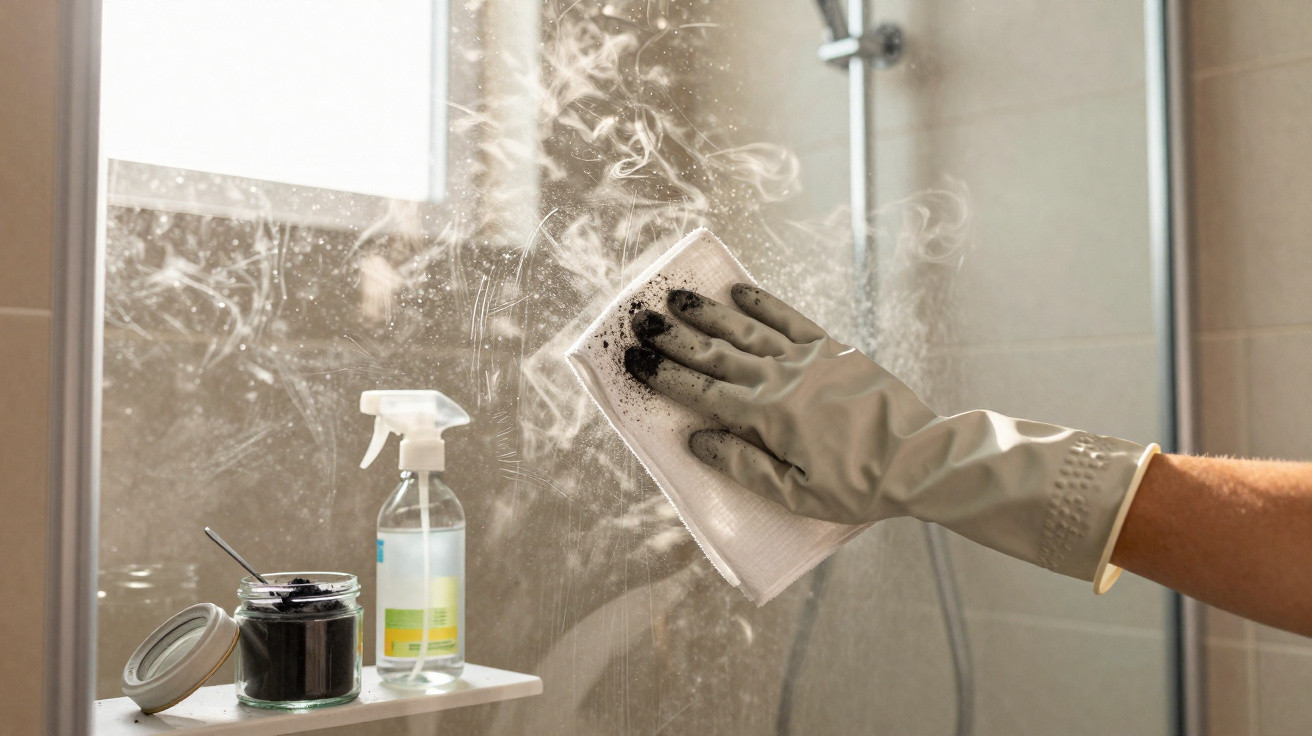 Hand in rubber glove scrubbing a glass shower door with cleanser and cleaning spray on a shelf.