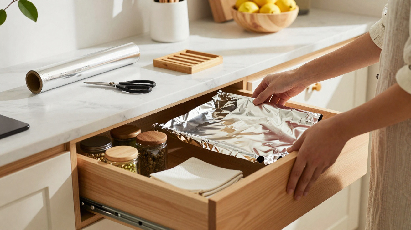Person placing a sheet of aluminium foil into an organised kitchen drawer with jars and cloths nearby.