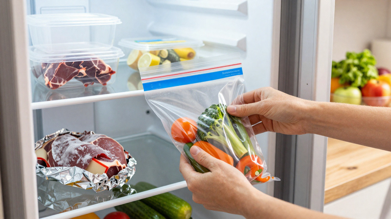 Person placing fresh vegetables in a clear resealable bag inside a refrigerator.