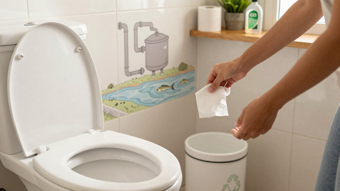 Person holding toilet paper near an open toilet in a bathroom with environmental wall art and recycling bin.