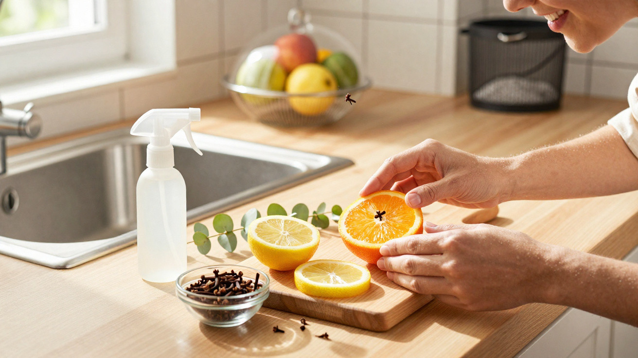 Person placing cloves into a halved orange on a kitchen counter with lemons, cloves, and a spray bottle nearby.