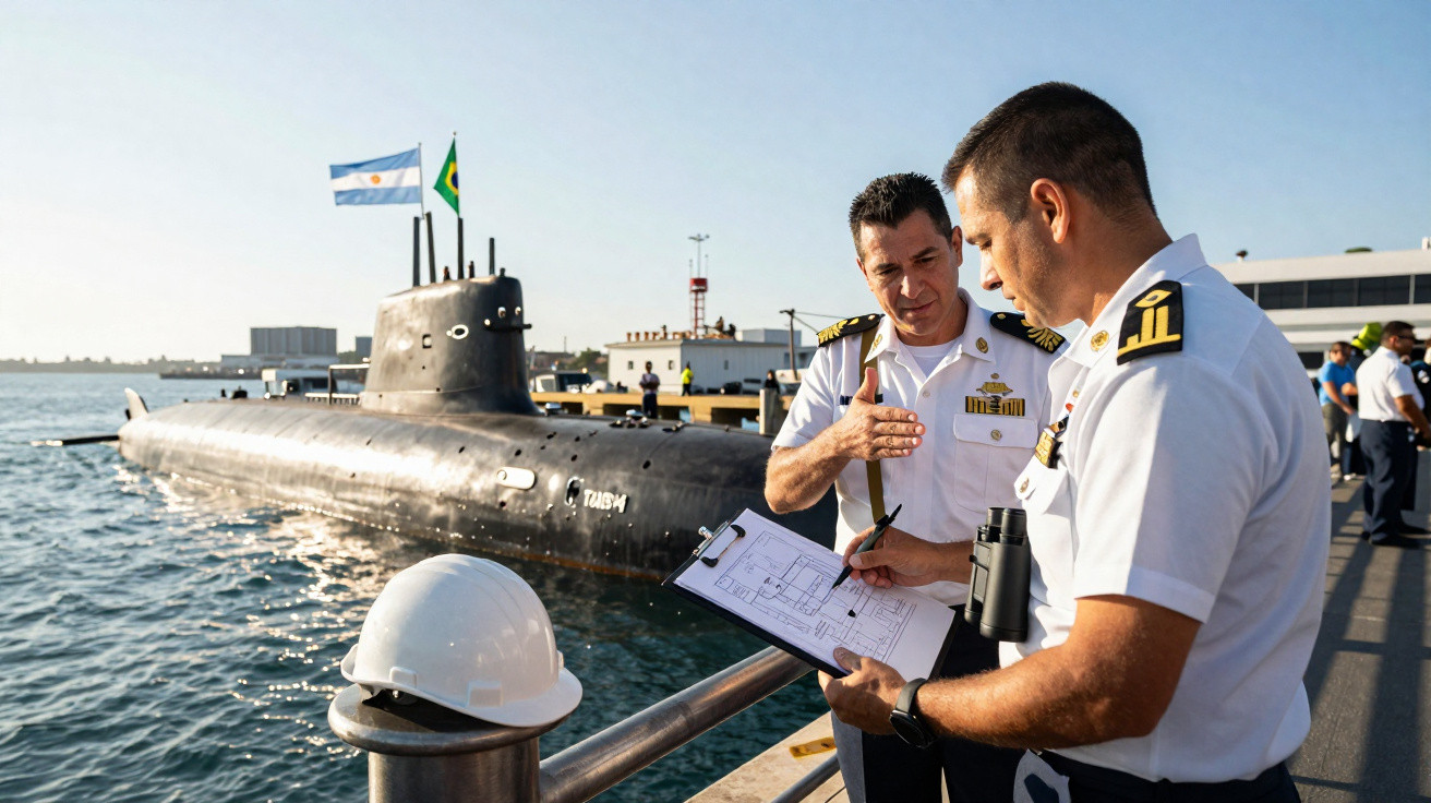 Two naval officers discuss plans on a clipboard near a docked submarine flying Argentine and Brazilian flags.
