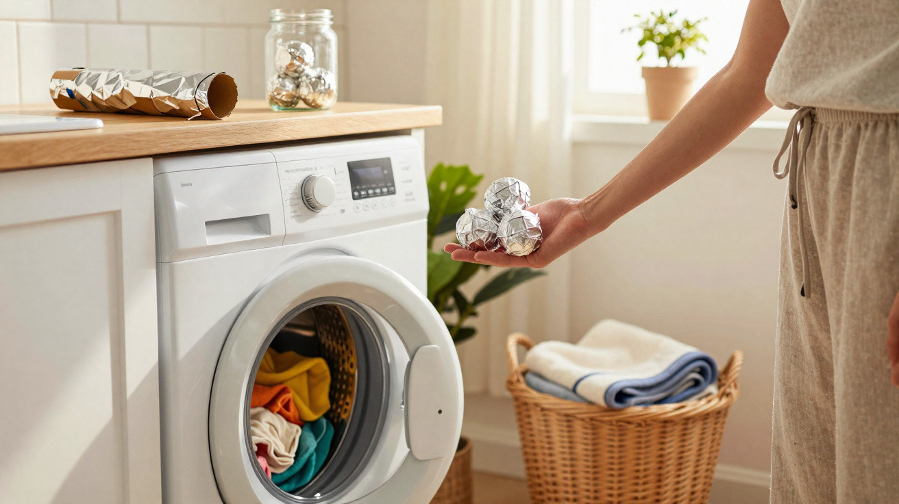 Hand holding three aluminium foil balls next to an open washing machine filled with colourful clothes.