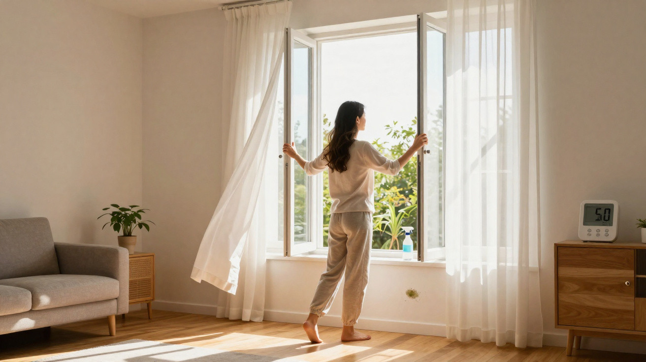 Woman in casual clothes opening a window in a sunlit room with white curtains and wooden furniture.