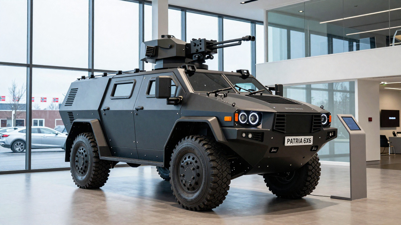 Armoured military vehicle Patria 6x6 with mounted turret, displayed indoors by large windows.