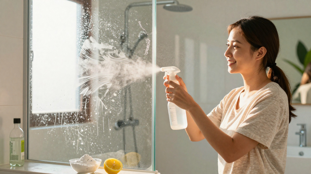 Woman spraying cleaner on a glass shower door in a bright bathroom with lemon and cleaning supplies.