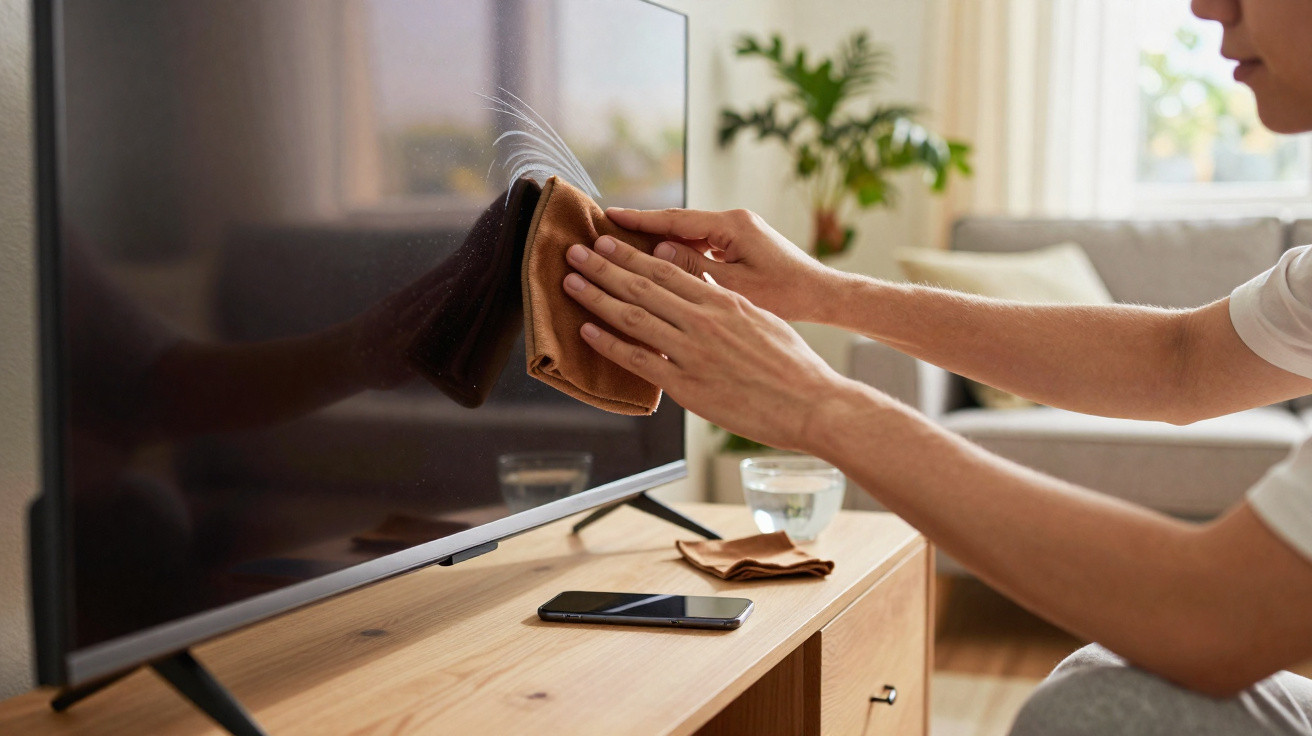 Person cleaning a flat-screen TV with a brown cloth on a wooden cabinet in a living room.