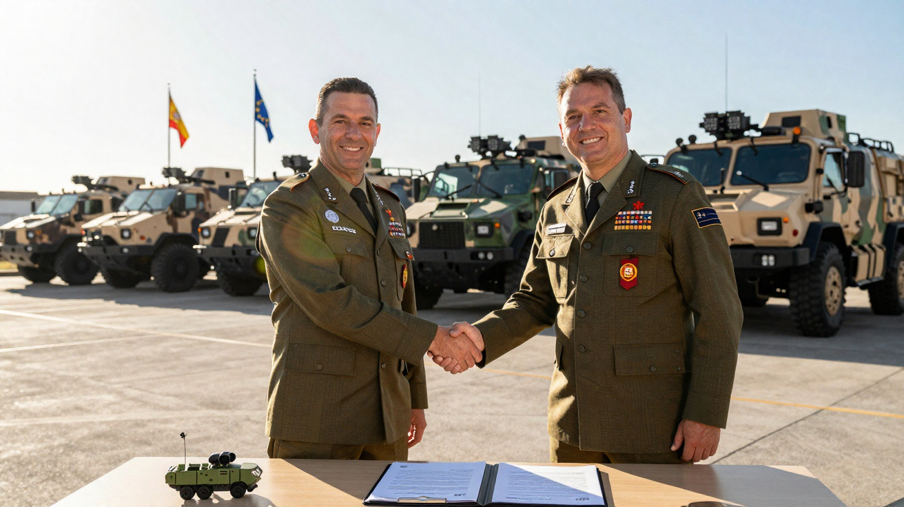 Two military officers in uniform shaking hands in front of armoured vehicles with flags and a signed document on a table.