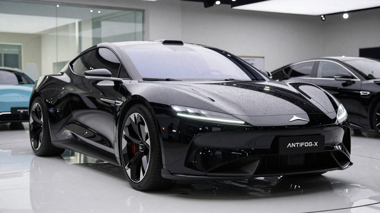 Black ANTIFOG-X electric sports car displayed indoors with sleek aerodynamic design and tinted windows.
