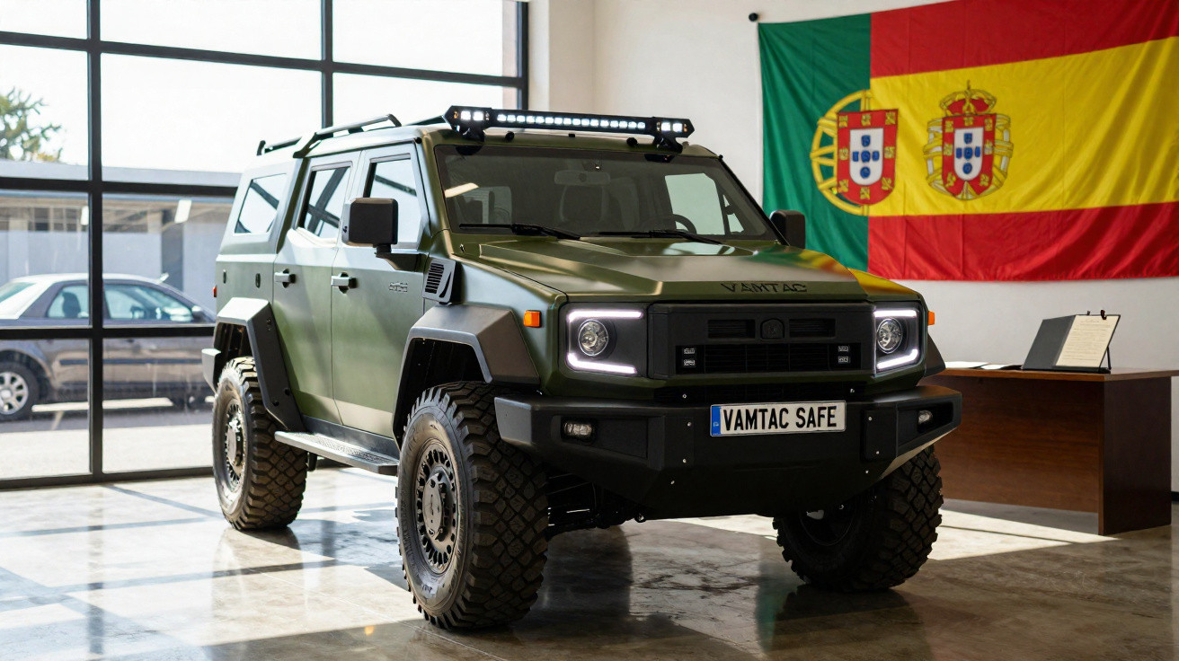 Armoured green VAMTAC SAFE vehicle displayed indoors with Portuguese flag on the wall behind it.