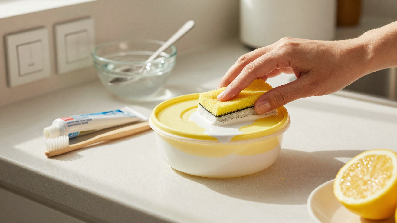 Hand scrubbing a plastic container lid with a yellow sponge on a kitchen countertop with lemon and toothbrush nearby.
