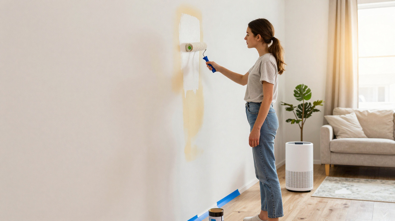 Woman painting a beige wall white with a roller in a bright living room with a sofa and plant.