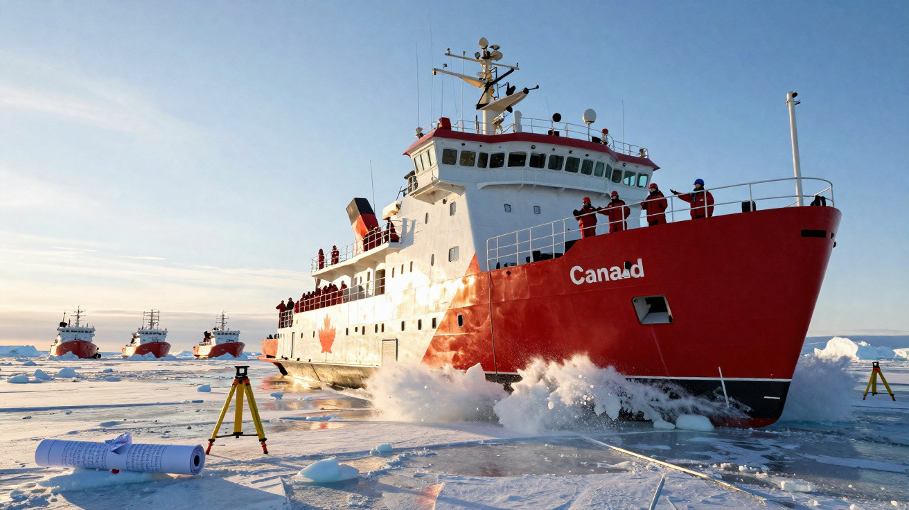 Canadian icebreaker ship breaking through Arctic ice with crew on deck under clear sky.