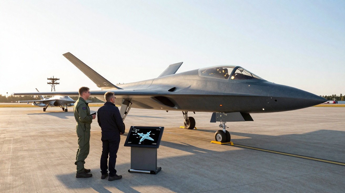Two men observe a modern stealth military aircraft displayed on a tarmac with an information screen nearby.