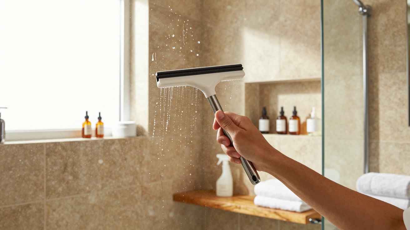 Hand wiping water droplets off a glass shower door with a window and toiletries in the background.