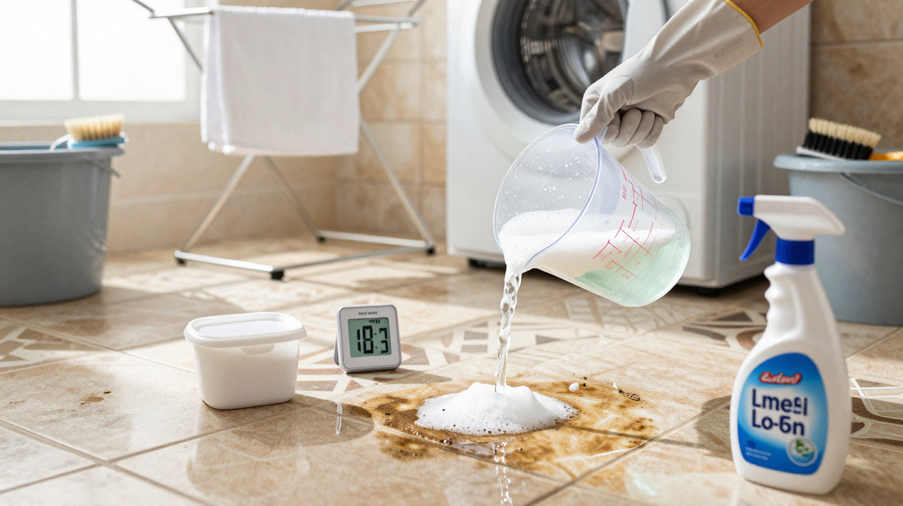 Hand in glove pouring cleaning solution on a tough floor stain near cleaning supplies in a laundry room.