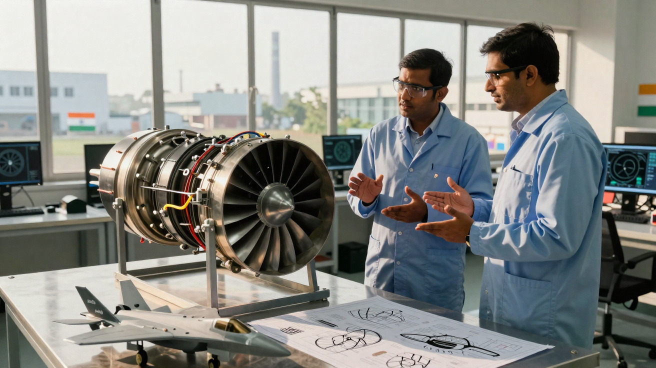 Two engineers in blue lab coats discussing a jet engine model and aircraft design blueprints in a lab.