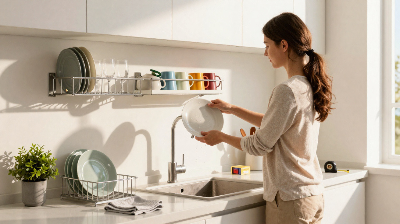 Woman drying dishes by a kitchen sink with plates, glasses, and cups on racks in a bright, modern kitchen.