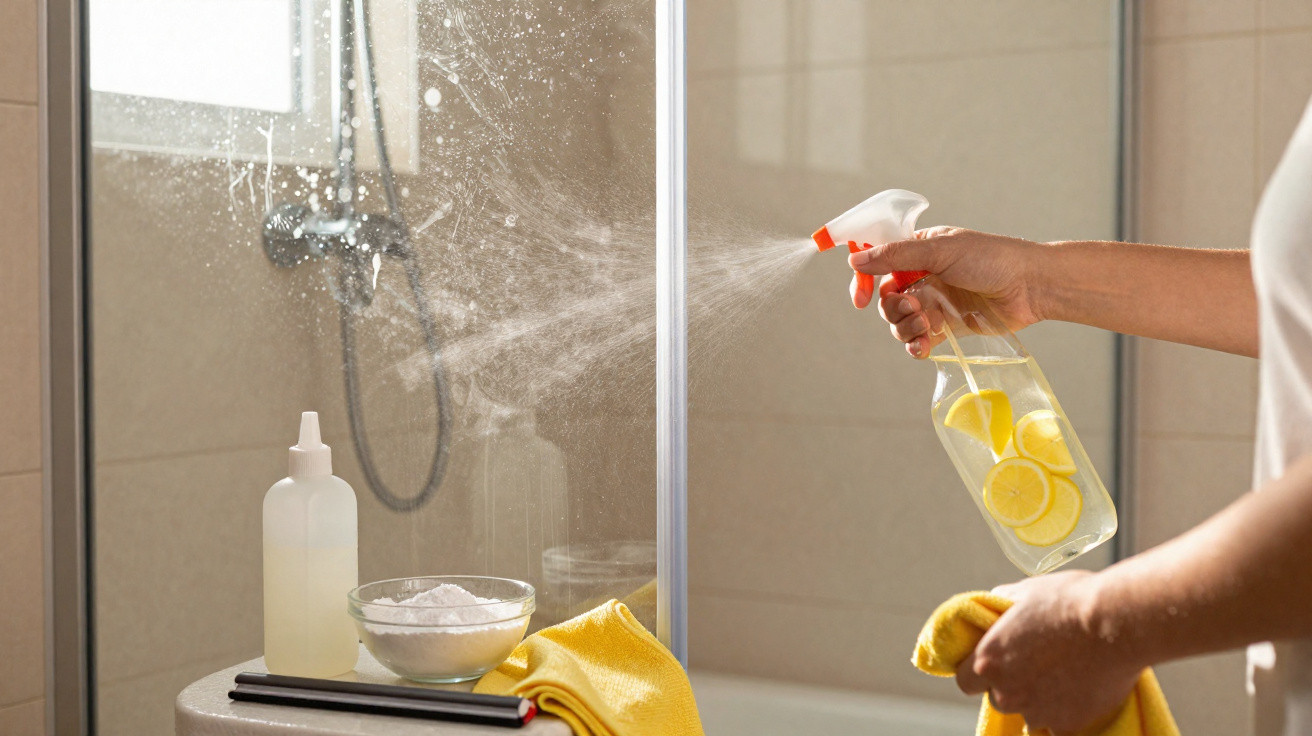 Person spraying lemon water cleaner on a shower glass door with cleaning supplies nearby.