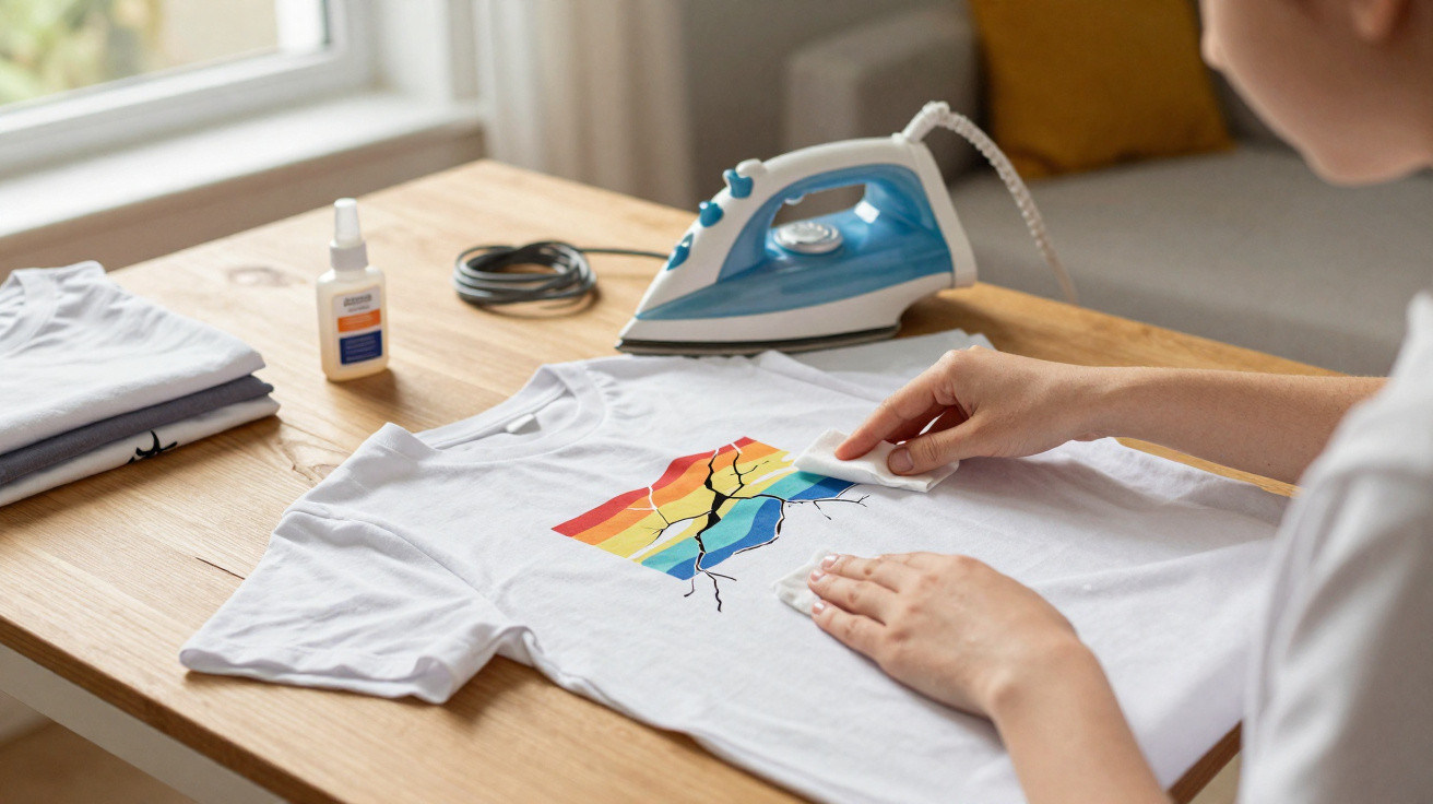 Person removing a cracked rainbow print from a white T-shirt on a wooden table with an iron nearby.