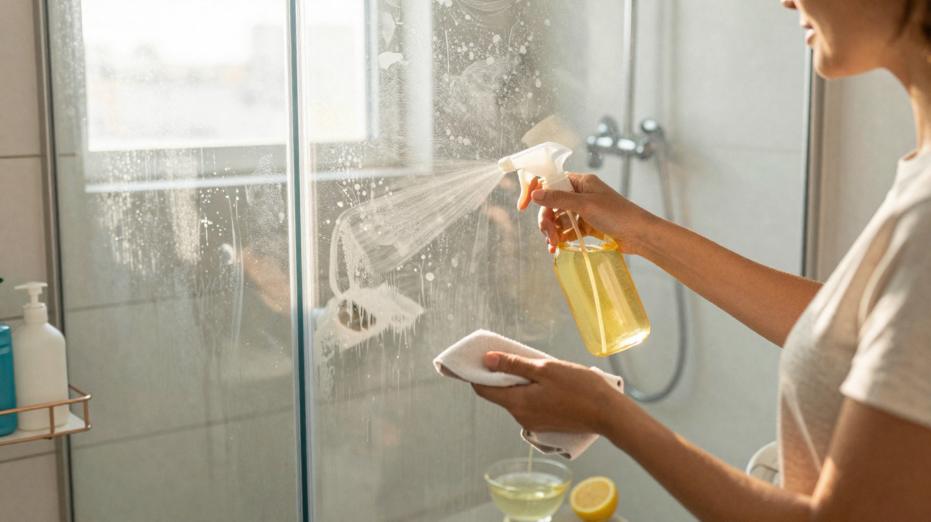 Person spraying cleaning solution on a glass shower door while holding a cloth in a bathroom.