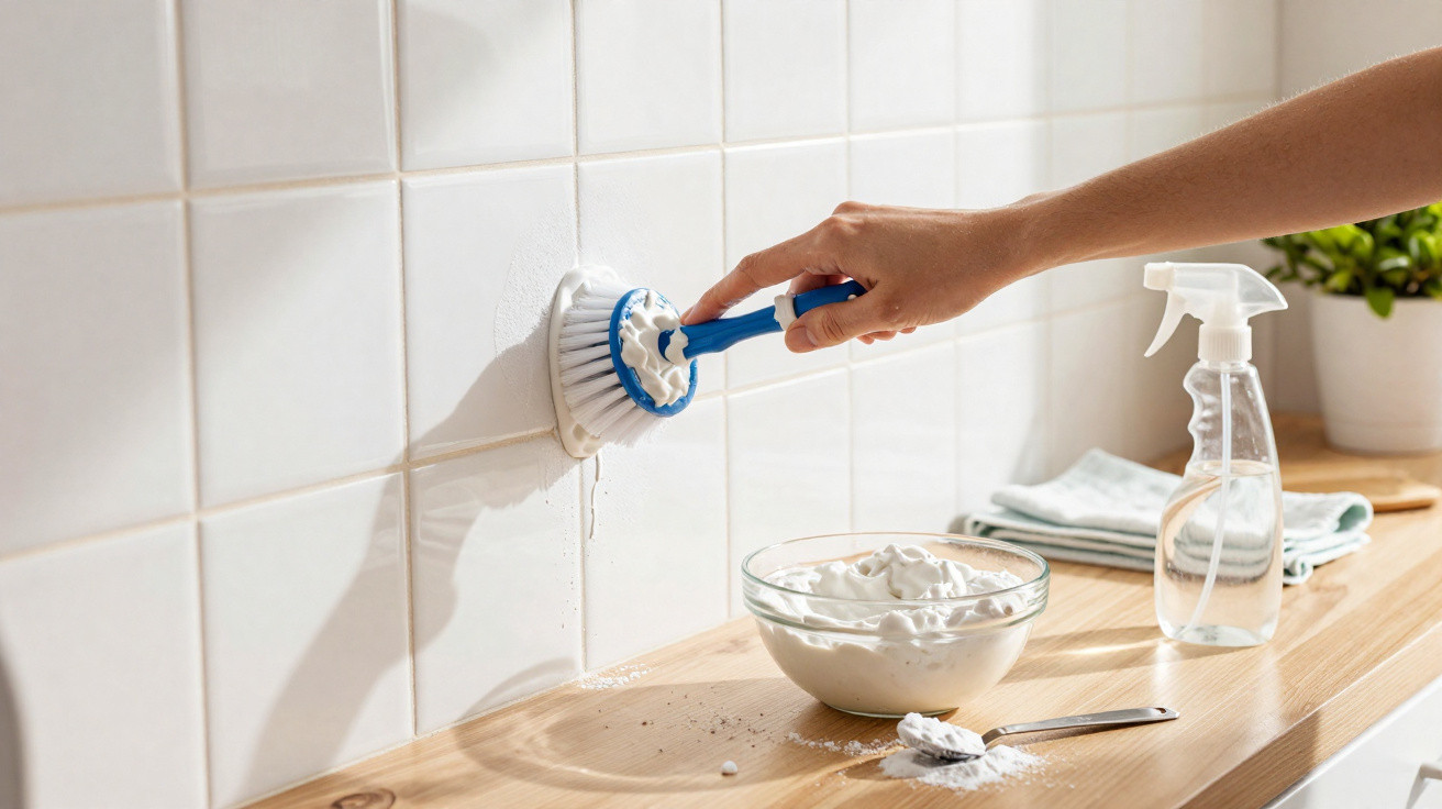 Person scrubbing white tiled wall with brush and cleaning paste on wooden surface with spray bottle nearby