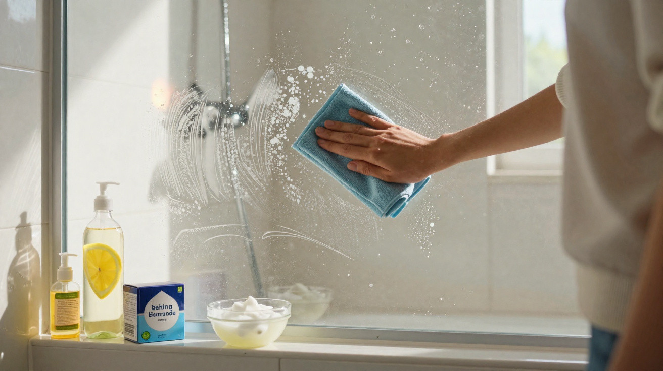 Hand wiping a soapy bathroom mirror with a blue cloth next to cleaning products on the windowsill.