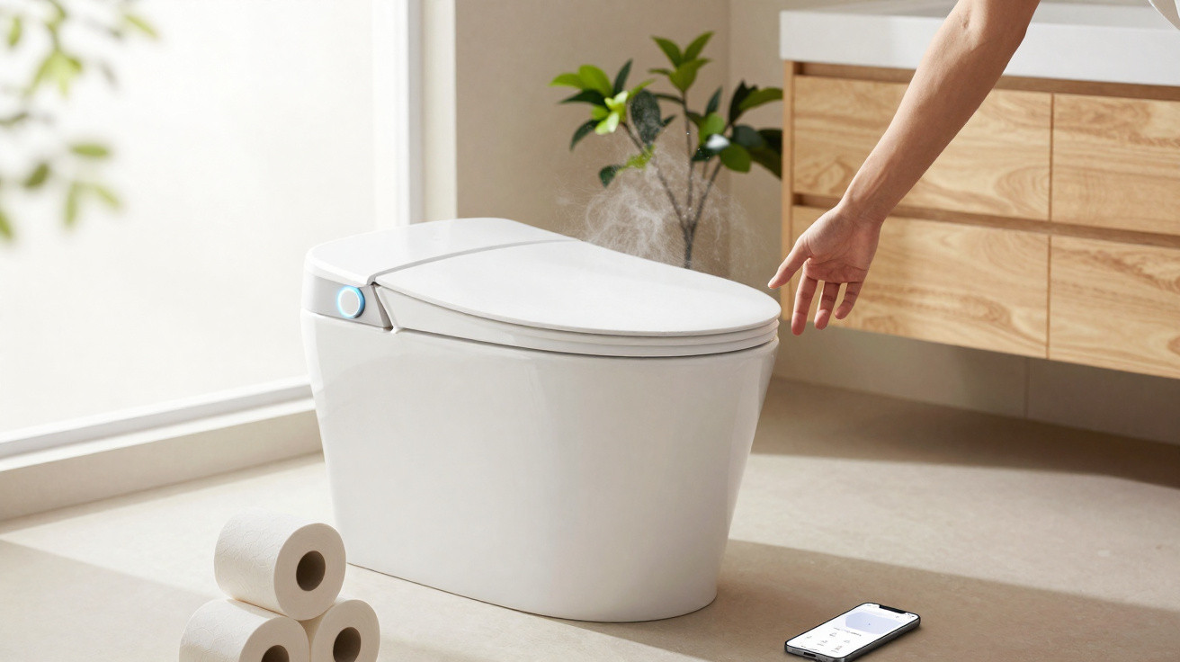 Modern smart toilet with closed lid, emitting steam, hand reaching towards it, three toilet rolls stacked nearby.