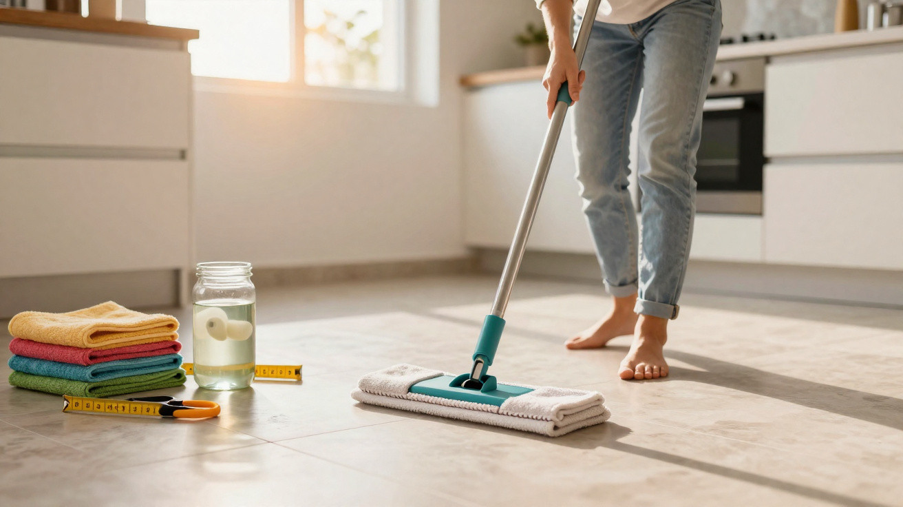 Person mopping a clean kitchen floor with cleaning cloths and supplies on the side in daylight.