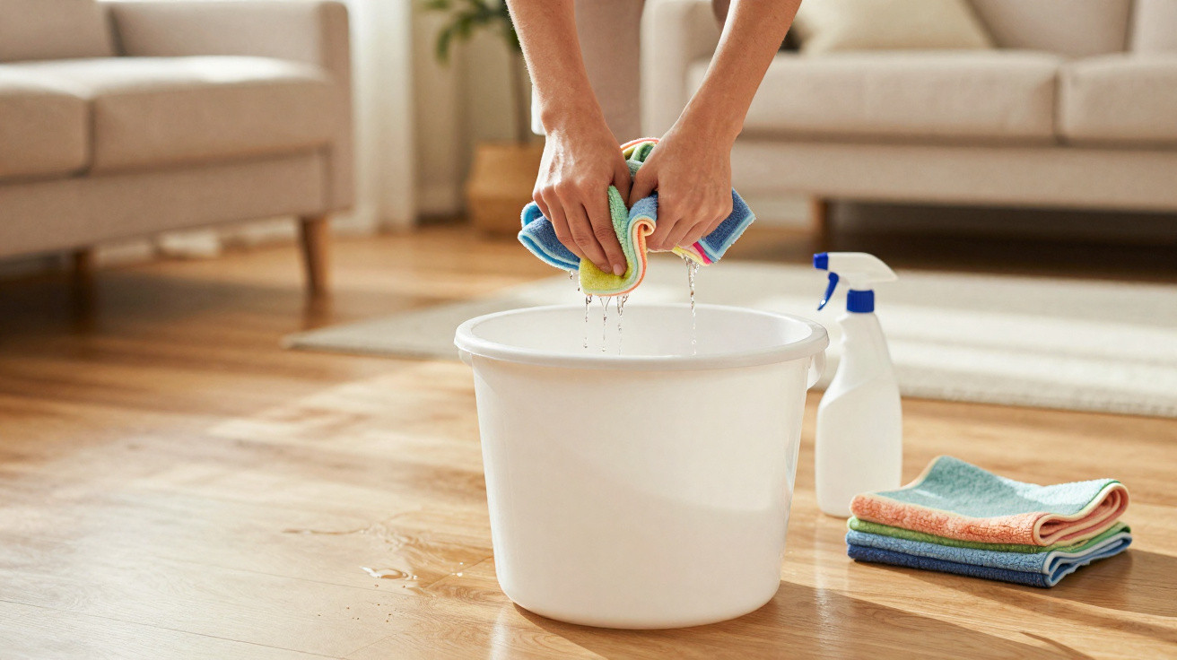 Person wringing a wet cloth over a white bucket on a wooden floor with cleaning spray and folded cloths nearby