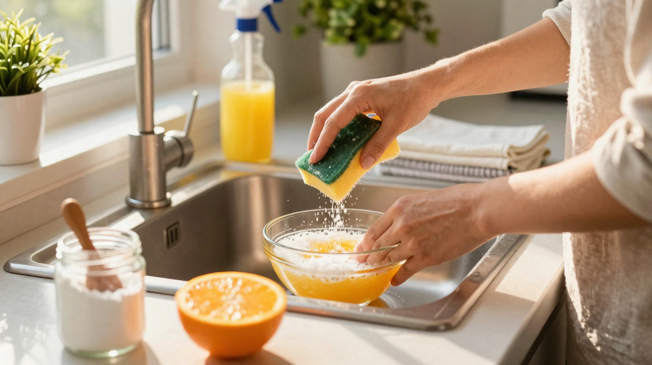 Person squeezing a sponge over a glass bowl with orange juice in a kitchen sink area.