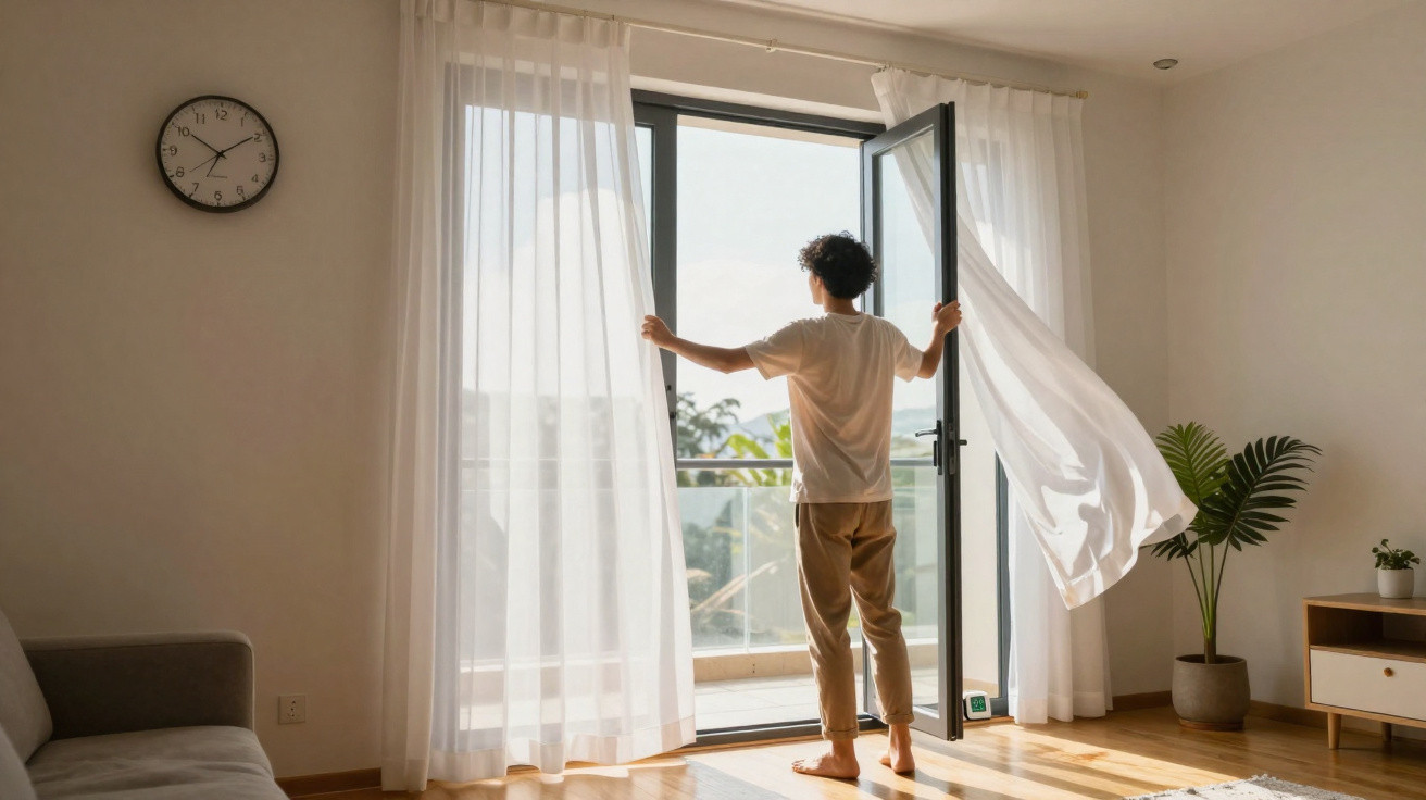 Person standing barefoot opening glass door with white curtains in a bright, minimalist living room at 7:10.