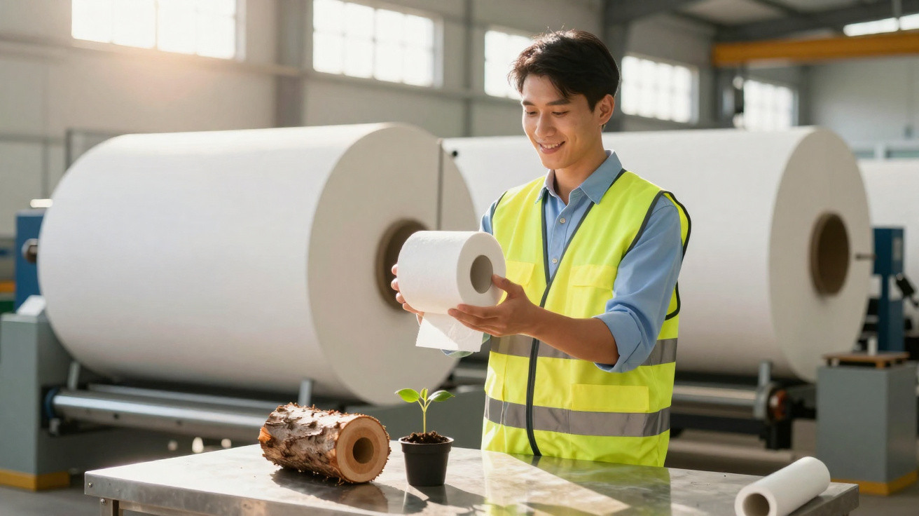 Man in hi-vis jacket holding a roll of toilet paper next to a log and a small plant in a factory setting.