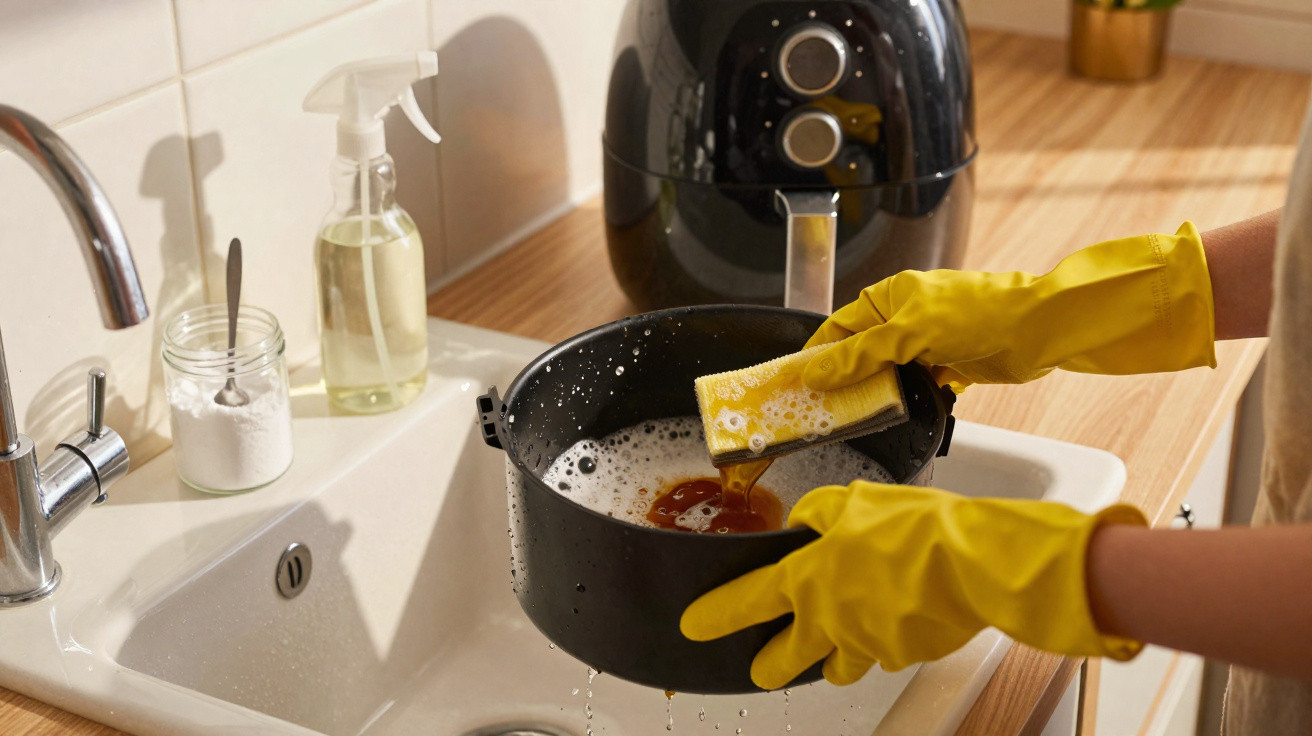 Person wearing yellow gloves cleaning a black air fryer basket with a sponge over a kitchen sink.