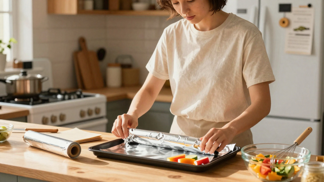 Person rolling aluminium foil over a baking tray with chopped vegetables on a kitchen counter.