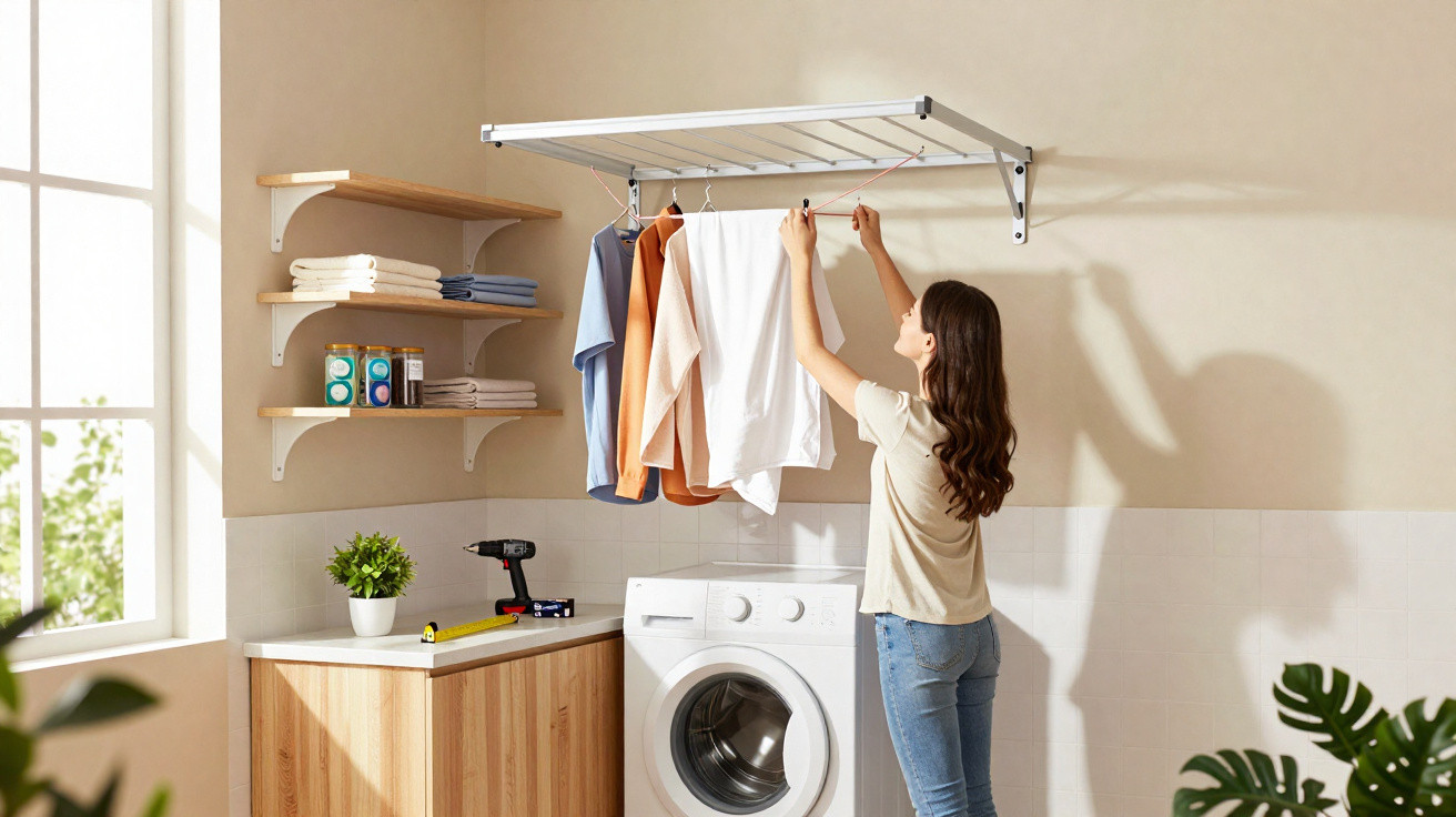 Woman hanging clothes on a ceiling-mounted drying rack in a bright, organised laundry room with a washing machine.