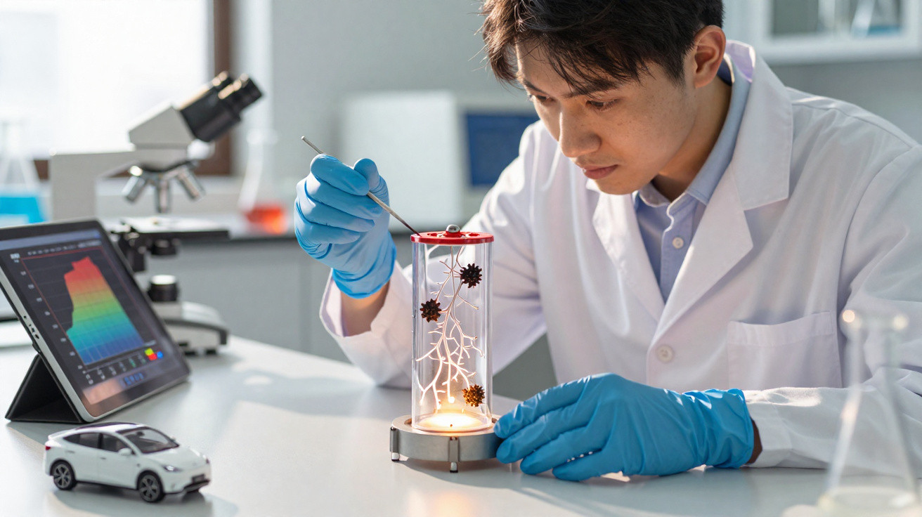 Scientist in lab coat and gloves examining a plant specimen in a transparent container with a tablet and microscope nearby.