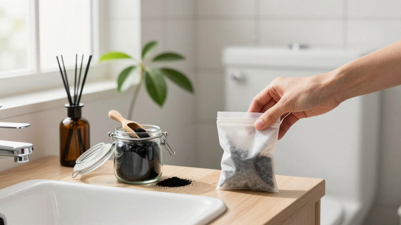 Hand holding a small sachet of charcoal powder near a jar and scattered powder on a bathroom countertop.