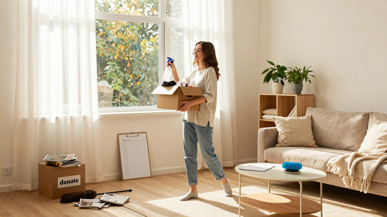Woman holding a box with cleaning supplies in a bright living room with a donate box and decluttered items on the floor.