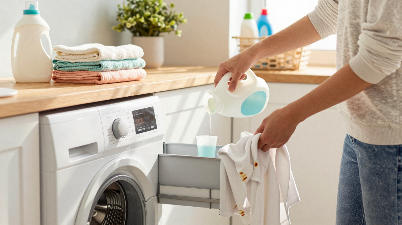 Person pouring liquid detergent into a washing machine drawer next to folded towels and laundry supplies