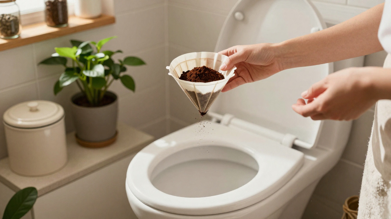 Person pouring coffee grounds into a toilet bowl in a bright bathroom with plants.