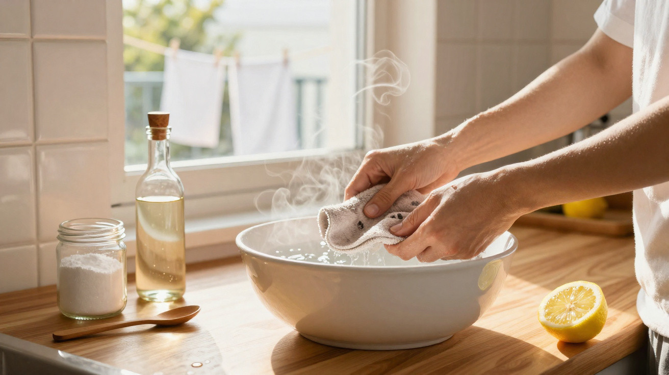 Hands wringing out a cloth over a steaming bowl on a wooden kitchen counter with lemon and jars nearby.