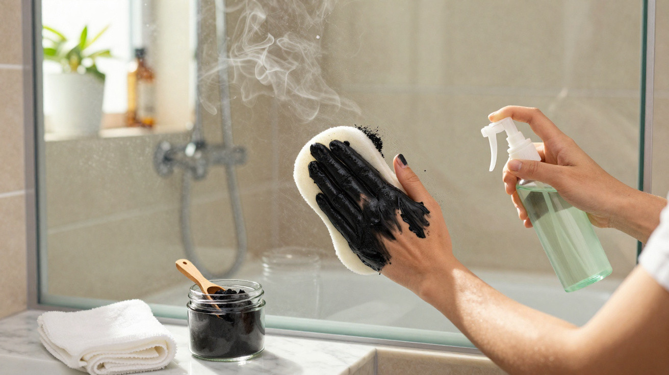 Person applying black charcoal mask to hand with sponge in steamy bathroom near mirror and towel.