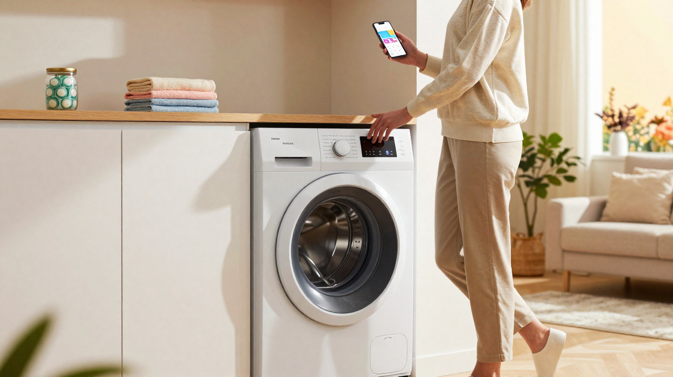 Person using smartphone to control modern washing machine in stylish, bright laundry room with folded towels nearby.