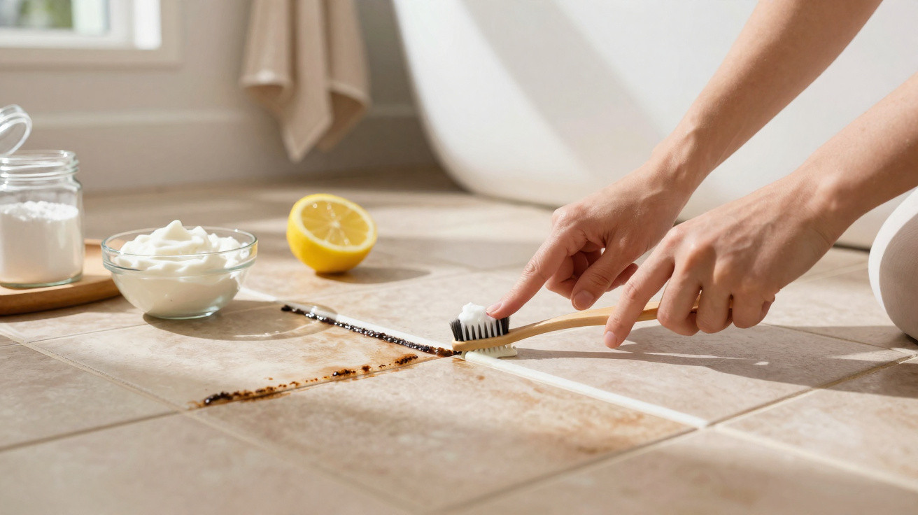 Hands scrubbing grime from tile grout using a toothbrush with baking soda and lemon nearby