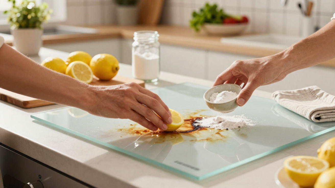 Two hands cleaning a glass stovetop with lemon and baking soda in a bright kitchen.