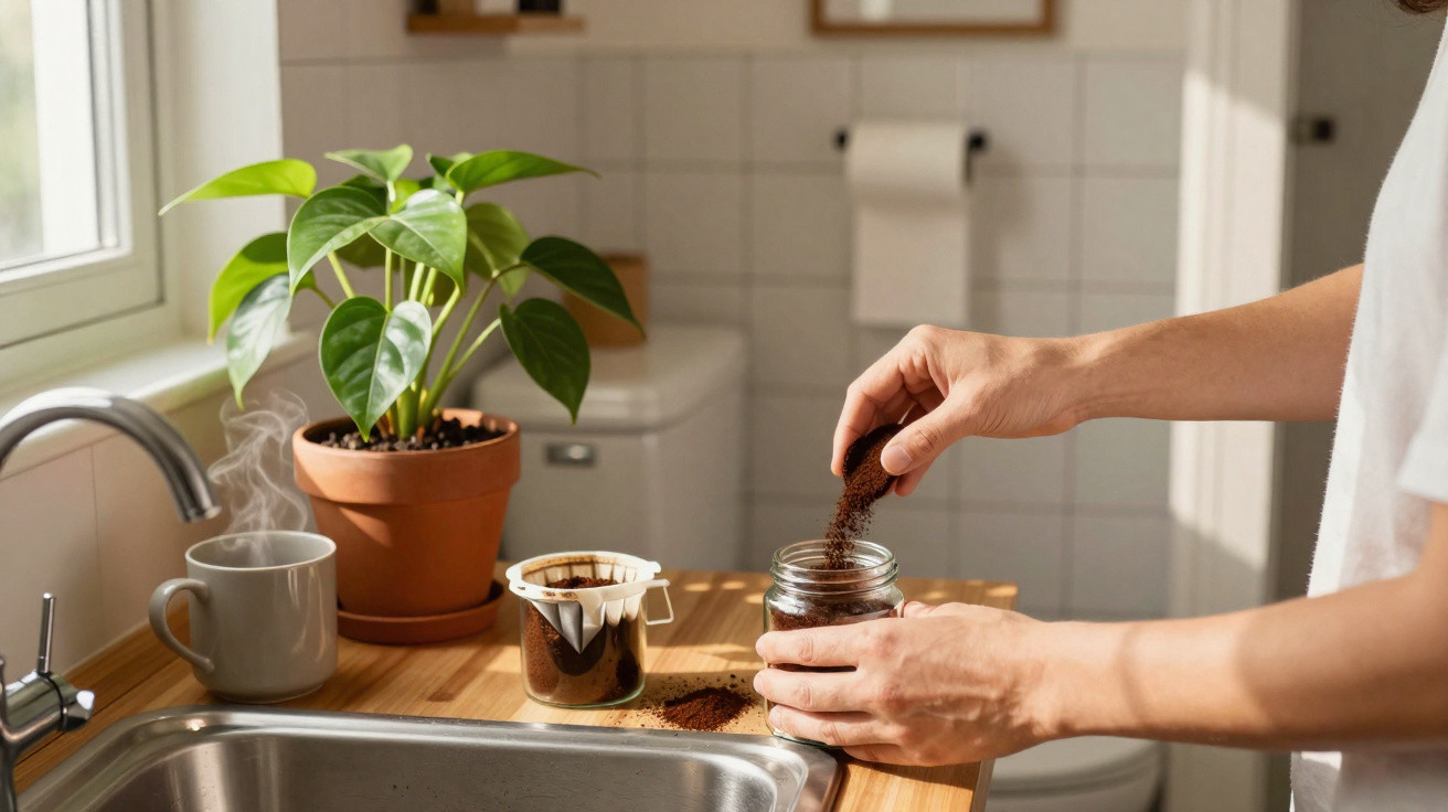 Person pouring ground coffee into jar on kitchen counter with plant and steaming mug nearby