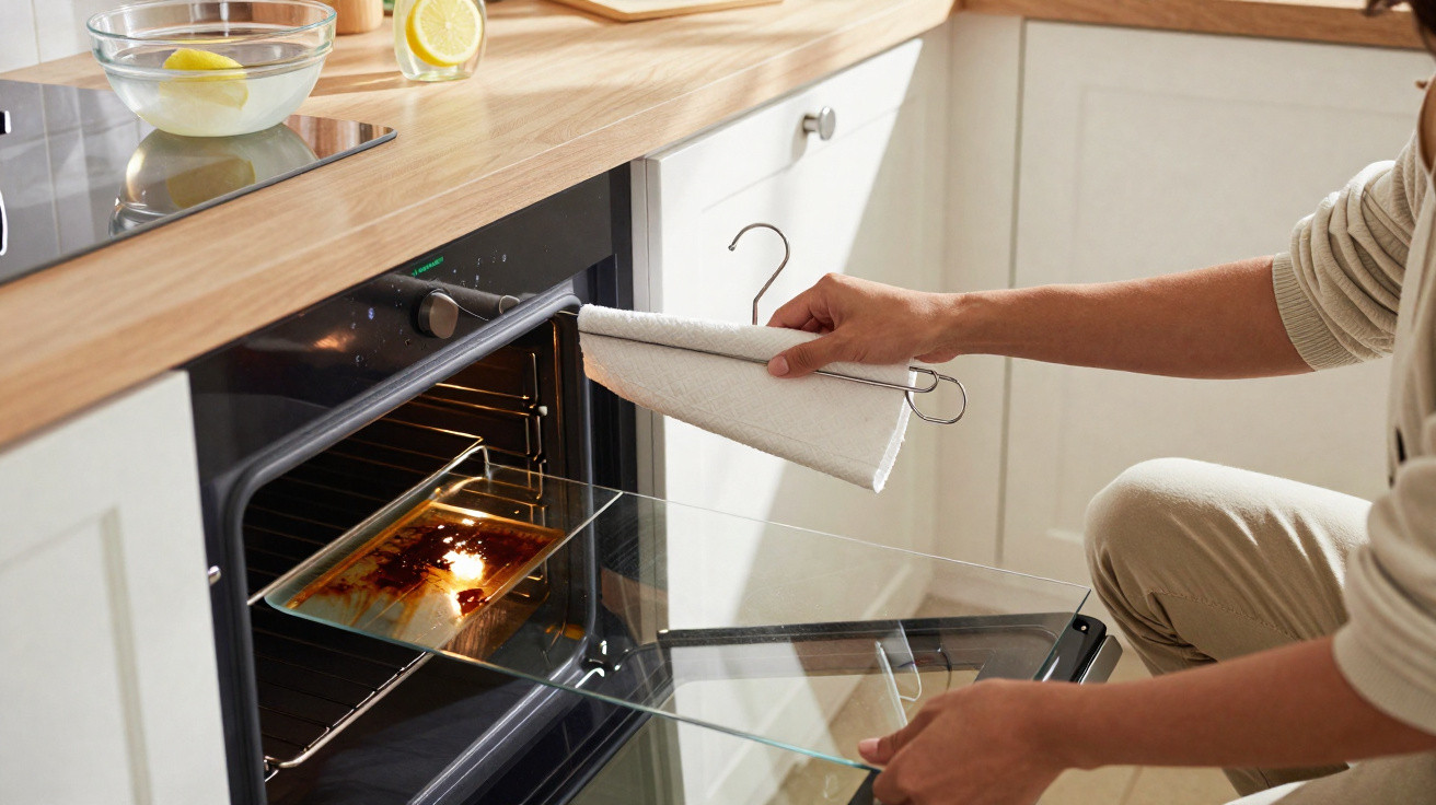 Person cleaning a glass oven door with a white cloth in a modern kitchen.