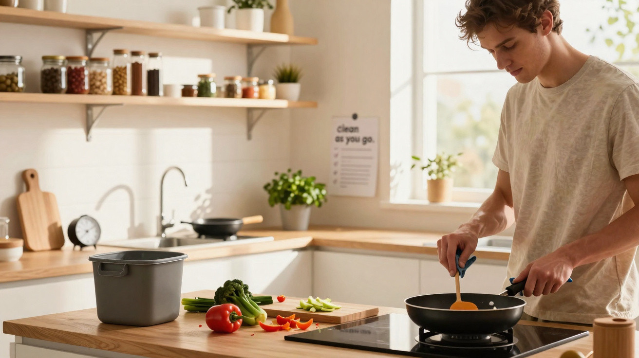 Young man cooking with frying pan in a bright, modern kitchen with vegetables on the counter.