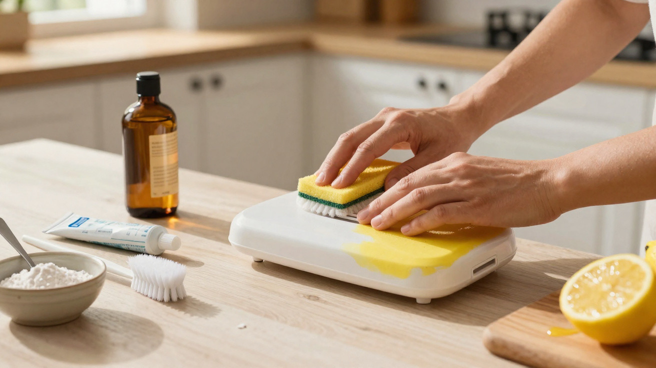 Person cleaning yellow stains off a white kitchen scale with a sponge on a wooden counter.